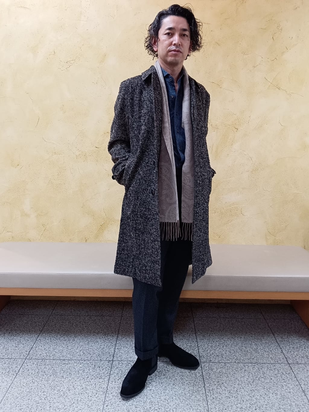 MEN'S BIGIの【MARINI&CECCONI/マリーニ&チェッコーニ】ツィードベルテッドコート made in japanを使ったコーディネートを紹介します。｜Rakuten Fashion(楽天ファッション／旧楽天ブランドアベニュー)1969031