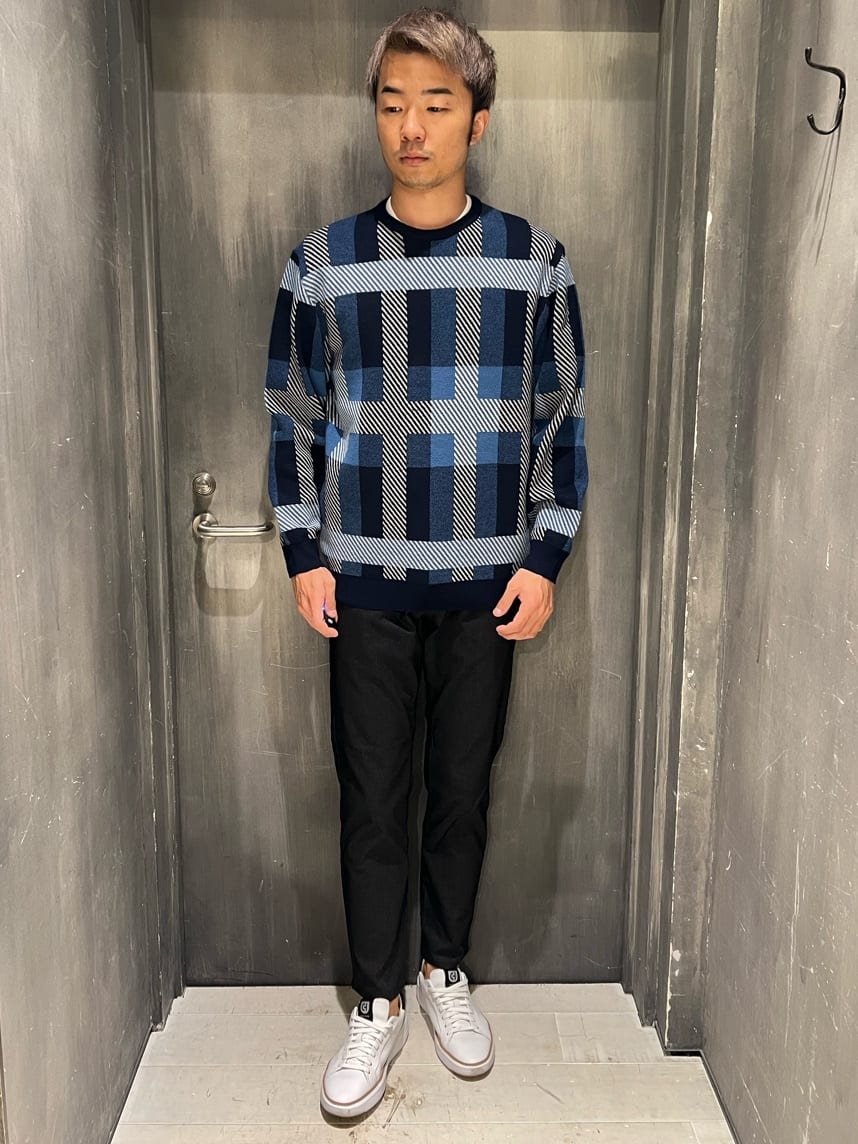 MEN'S BIGIのダブルジャガードチェック柄ニットを使ったコーディネートを紹介します。｜Rakuten Fashion(楽天ファッション／旧楽天ブランドアベニュー)3232609