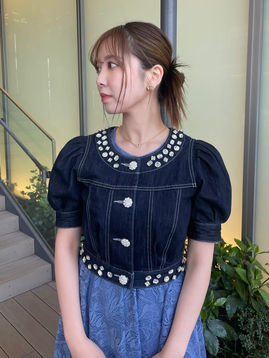 rienda ノーカラービジューDENIM JK