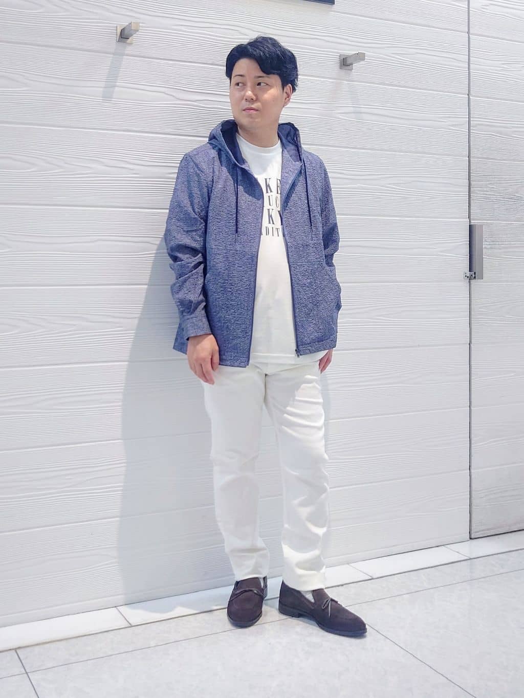TAKEO KIKUCHIの【夏の軽羽織】リップルメランジ シャツパーカーを使ったコーディネートを紹介します。｜Rakuten Fashion(楽天ファッション／旧楽天ブランドアベニュー)4008748