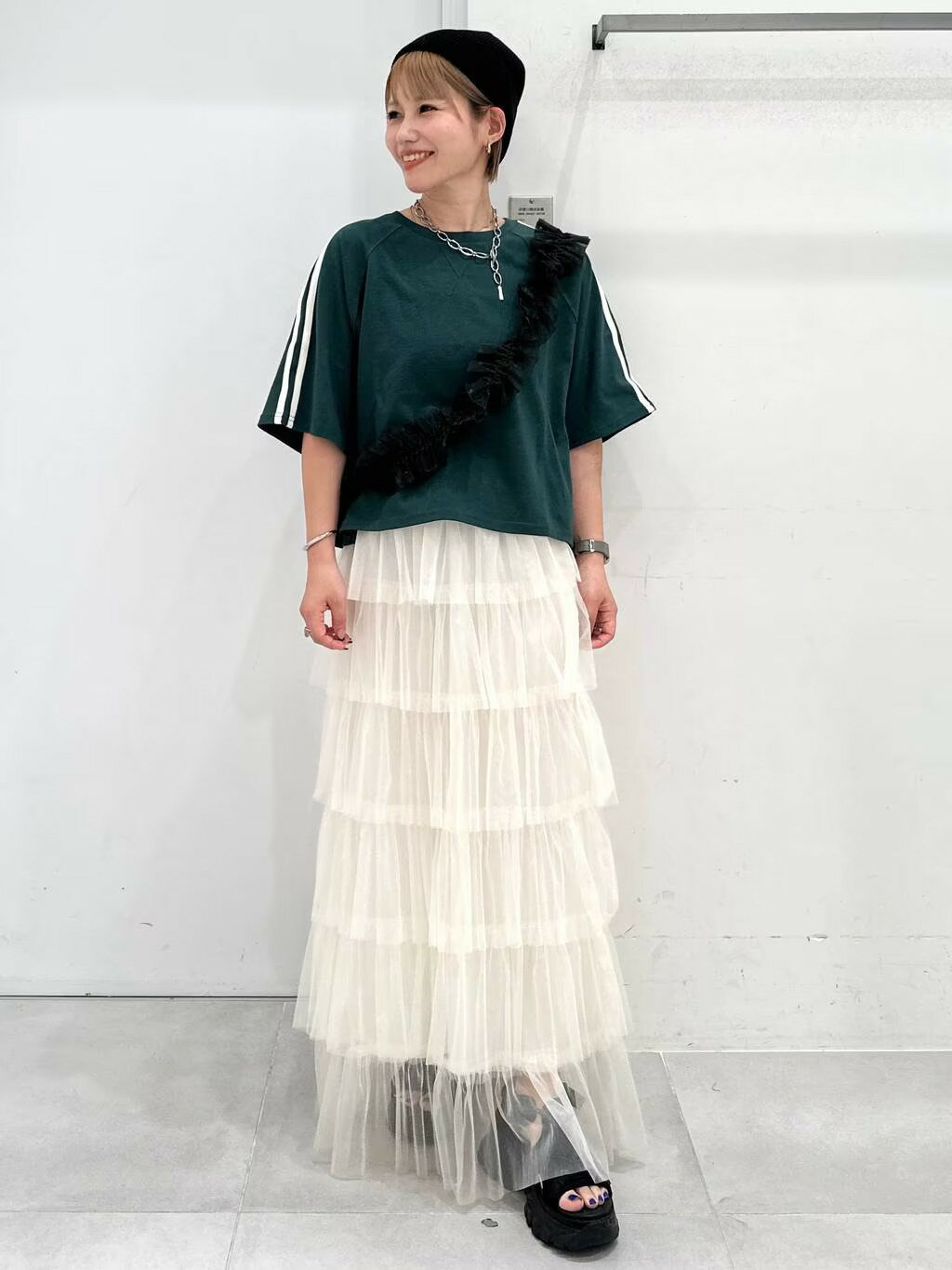 LAKOLEのチュールラッフルショルダー2を使ったコーディネートを紹介します。｜Rakuten Fashion(楽天ファッション／旧楽天ブランドアベニュー)4219020