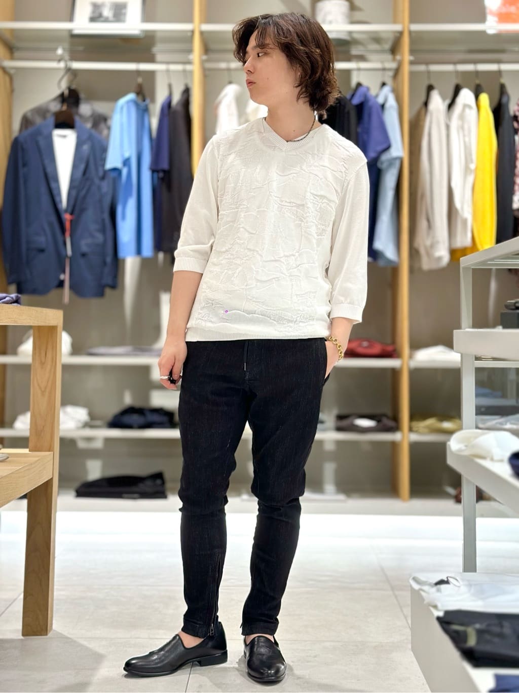 5351POUR LES HOMMESのフラワージャガード 7分袖 Vネック ニットT