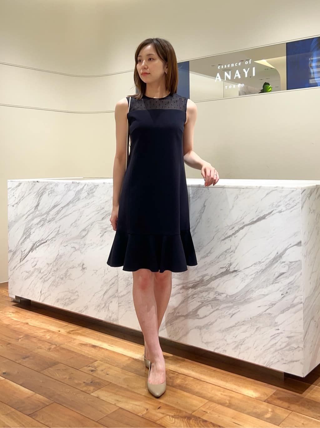 ANAYI ブラック フリルワンピース セール】ストレッチクロスヘムフリルワンピース（ワンピース
