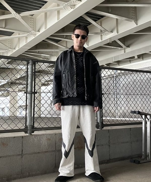 BEAMS MENのユーズド加工 レザージップブルゾンを使ったコーディネート 