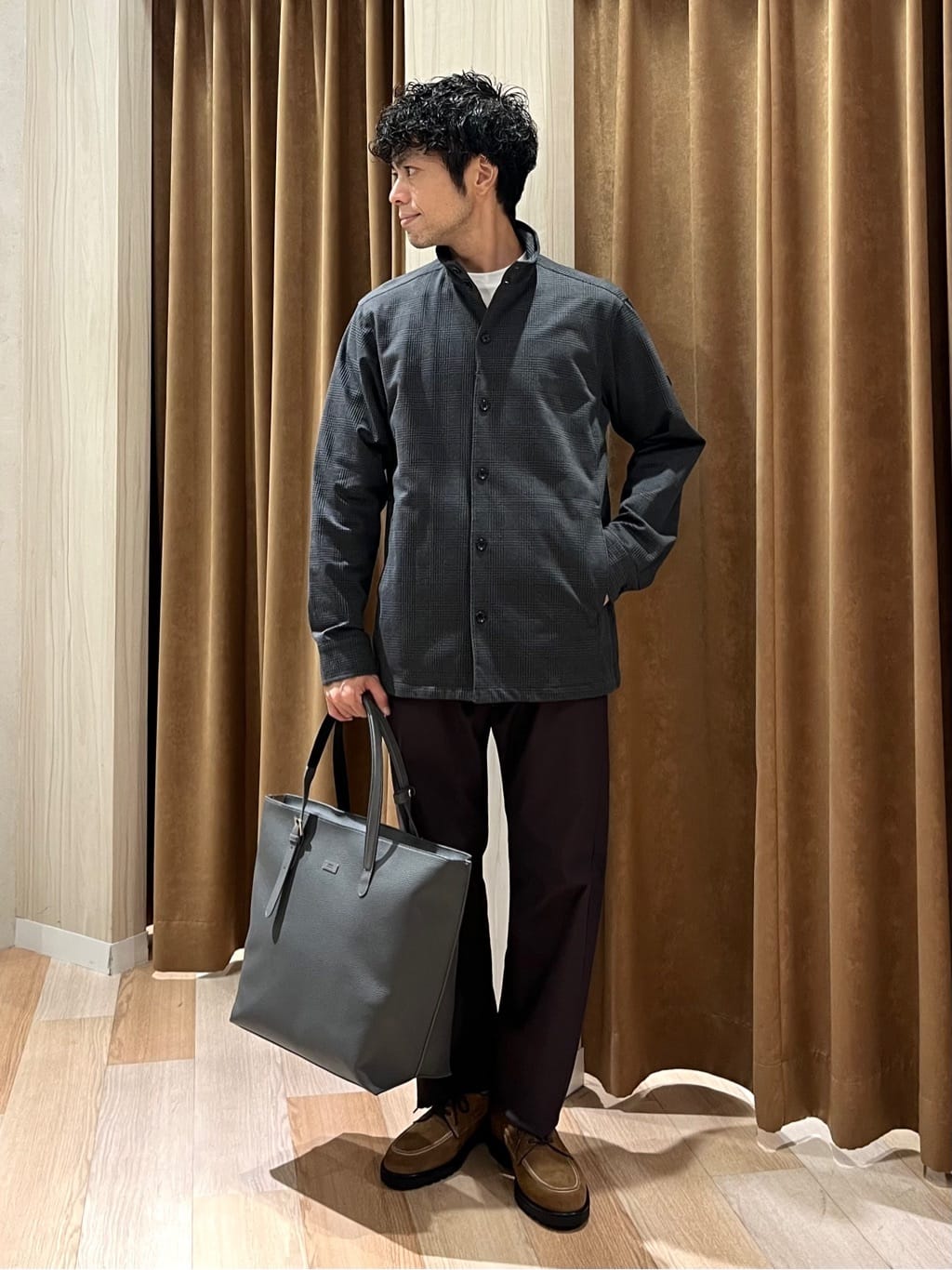 TAKEO KIKUCHIの【marudeorie】スタンドカラー グレンチェック シャツブルゾンを使ったコーディネートを紹介します。｜Rakuten Fashion(楽天ファッション／旧楽天ブランドアベニュー)4617432