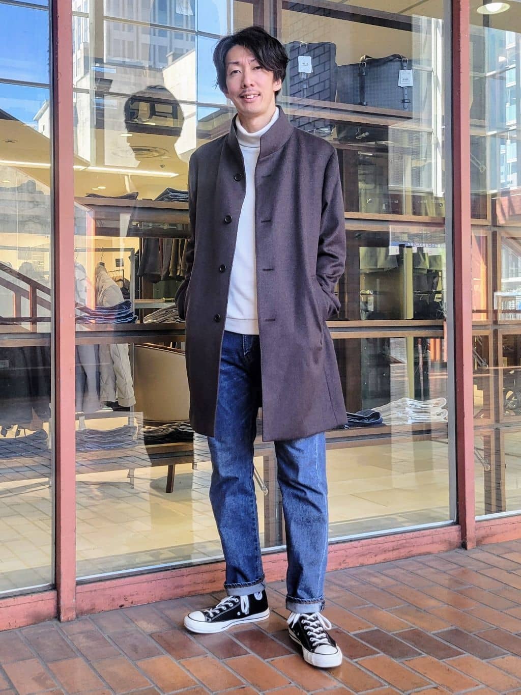 TAKEO KIKUCHIの【ウールカシミヤブレンド】ビーバー調 スタンドカラー コートを使ったコーディネートを紹介します。｜Rakuten Fashion(楽天ファッション／旧楽天ブランドアベニュー)4950000