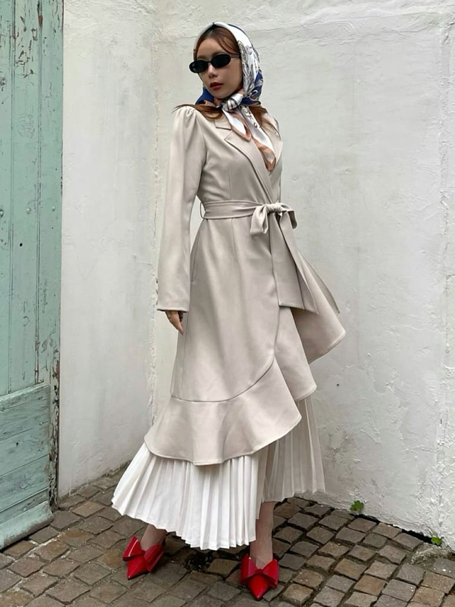 ROYAL PARTY | 異素材プリーツラッフルロングコート | Rakuten Fashion