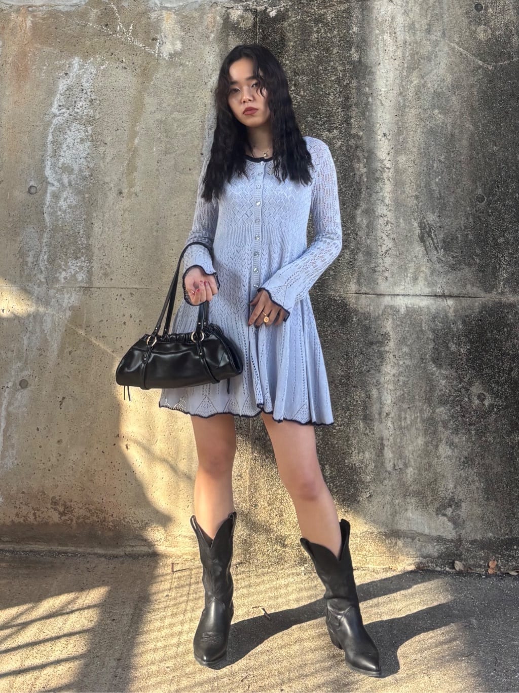 moussyのEYELET LACE KNIT ミニドレスを使ったコーディネート 