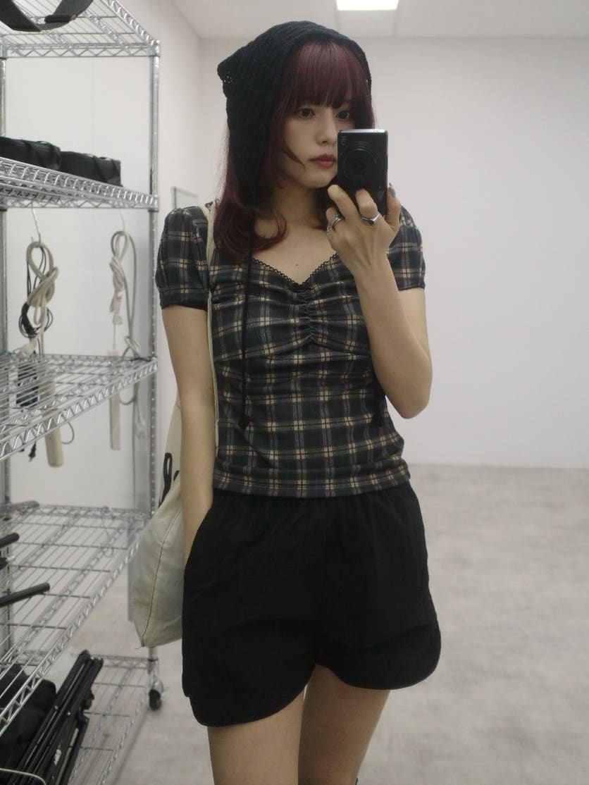 SLY CHECK PRINT PUFF SLEEVE トップス CHECK PRINT PUFF SLEEVE TOPS チェック プリント パフスリーブ