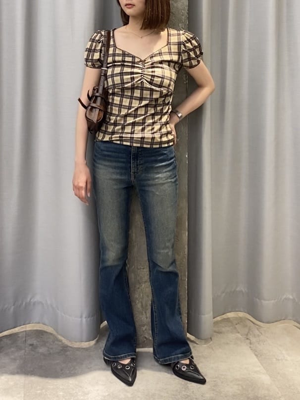 SLY CHECK PRINT PUFF SLEEVE トップス SLY | CHECK PRINT PUFF SLEEVE トップス (Tシャツ・カットソー