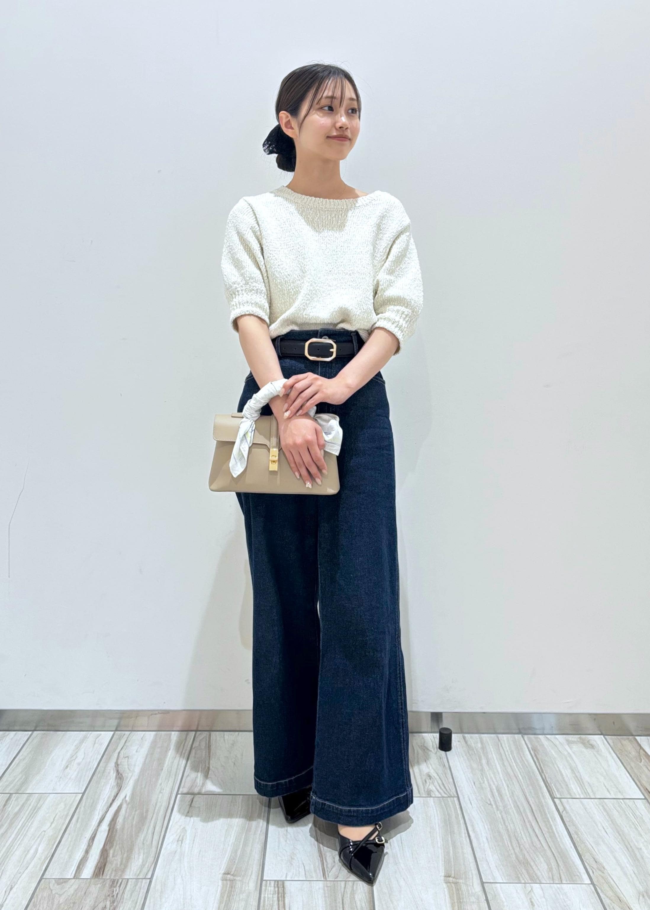 ROPE' PICNICのラメ混綿ニットハーフスリーブプルオーバーを使ったコーディネートを紹介します。｜Rakuten Fashion(楽天ファッション／旧楽天ブランドアベニュー)5649331