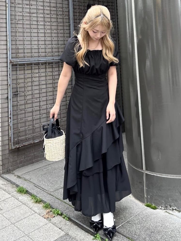 NICE CLAUP イレヘムティアードロングワンピース 新色追加】【Black