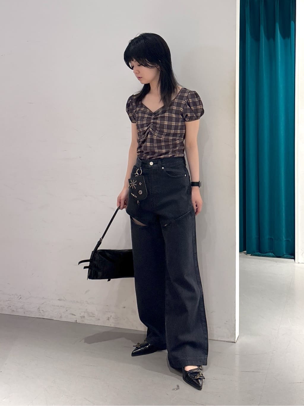 SLYのCHECK PRINT PUFF SLEEVE トップスを使ったコーディネート