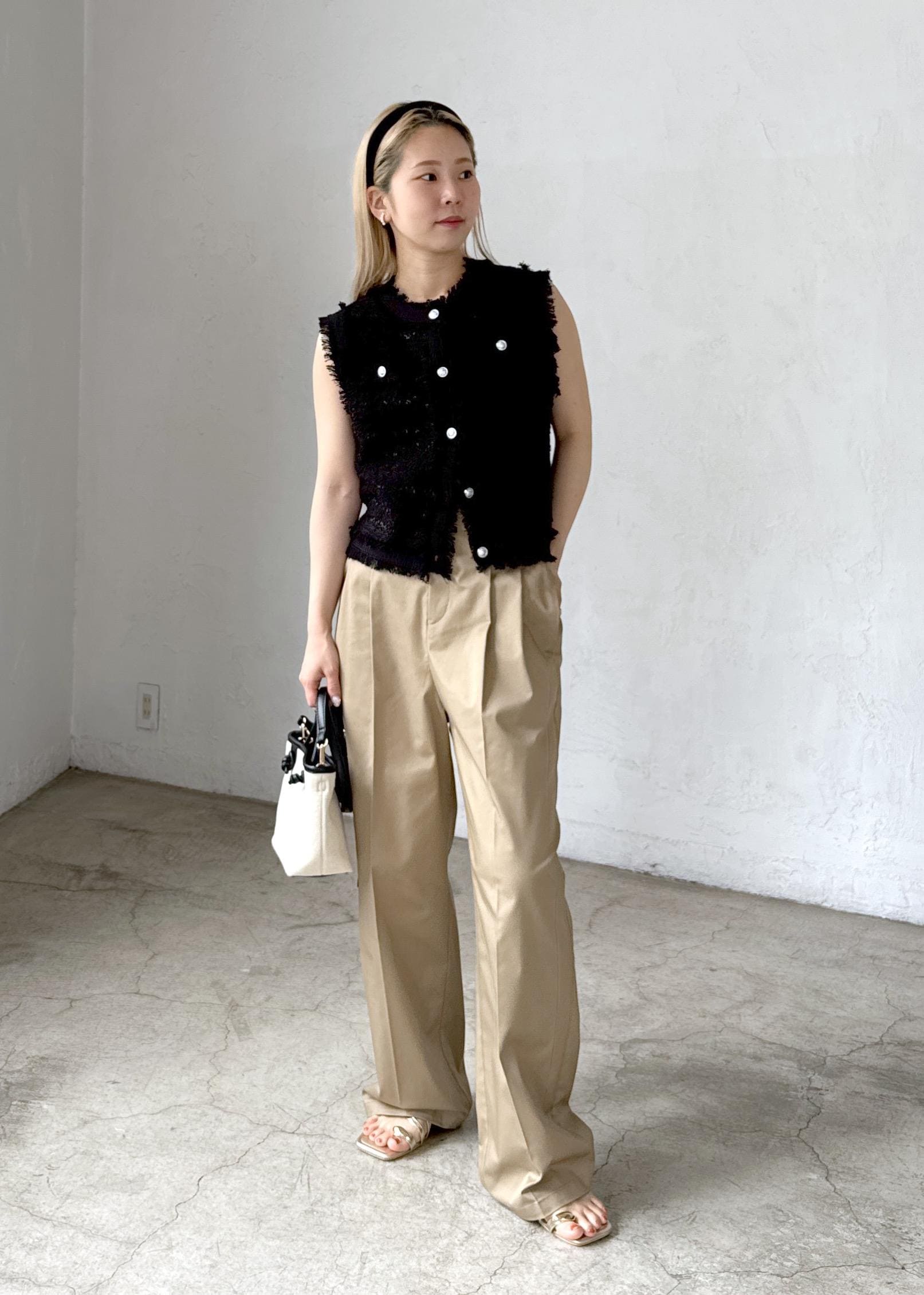 ROPE' PICNICの【WEB限定カラー】【サマー・ツイード】着丈が選べるジレベスト/スリーブレスカーディガンを使ったコーディネートを紹介します。｜Rakuten Fashion(楽天ファッション／旧楽天ブランドアベニュー)5934238