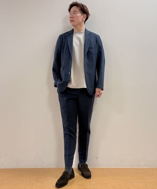 BEAMS HEARTの【イージーケア】デニムプリント シアサッカー  ジャケット 25SS(S~XL・セットアップ対応)を使ったコーディネートを紹介します。｜Rakuten Fashion(楽天ファッション／旧楽天ブランドアベニュー)5915568
