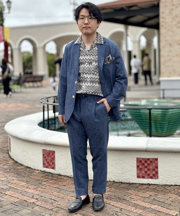 BEAMS HEARTの【イージーケア】デニムプリント シアサッカー  ジャケット 25SS(S~XL・セットアップ対応)を使ったコーディネートを紹介します。｜Rakuten Fashion(楽天ファッション／旧楽天ブランドアベニュー)5915697