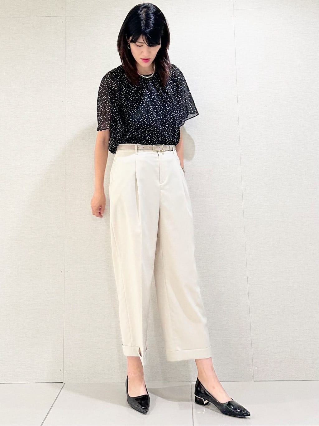 tシャツ ポリエステル強撚スムース 幾何学プリント フレンチスリーブワンピース レディース NEWYORKER L-SIZEの【L】ポリエステル強撚スムース 幾何学