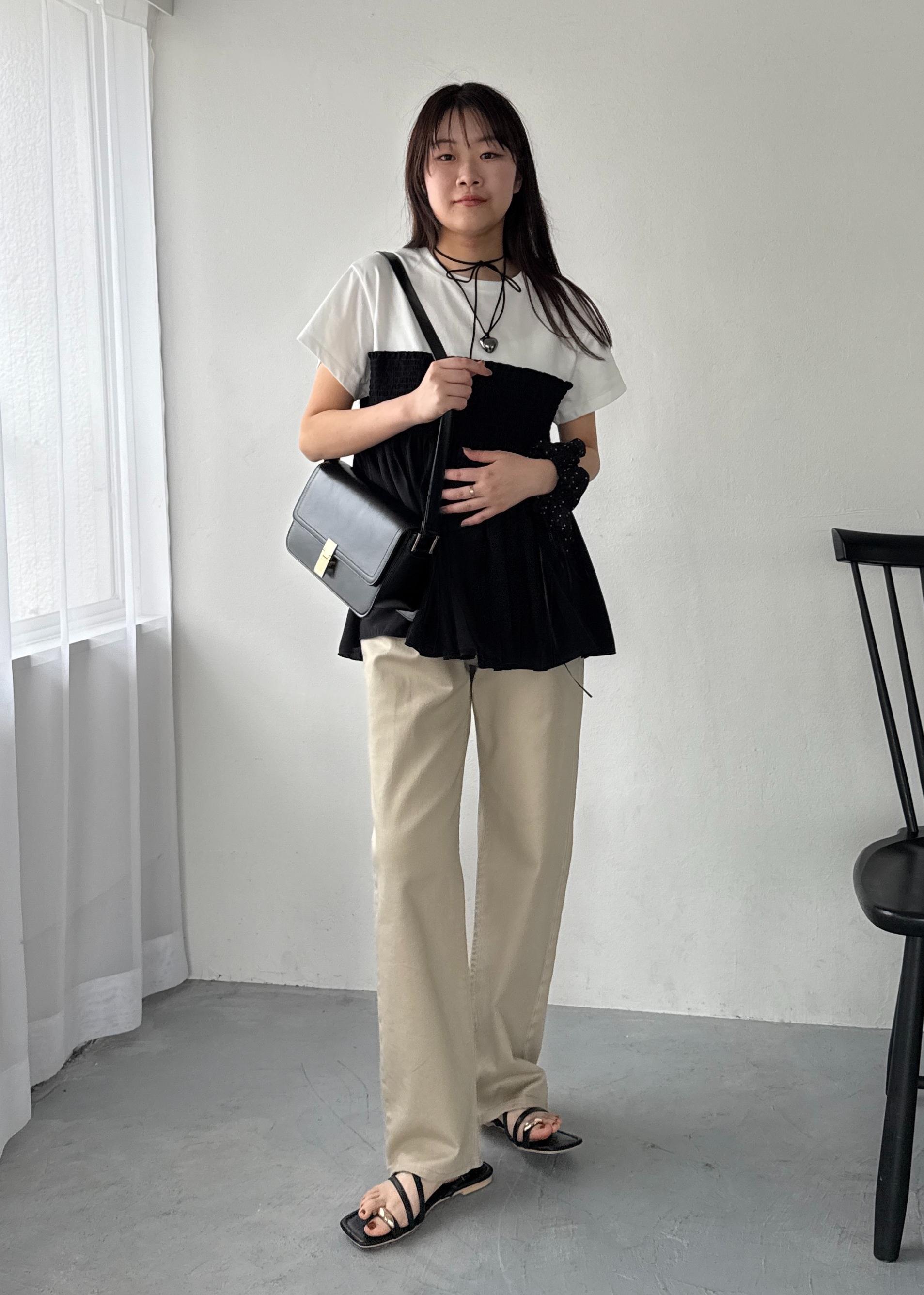 ROPE' PICNICのシャーリングビスチェ風ドッキングカットソーを使ったコーディネートを紹介します。｜Rakuten Fashion(楽天ファッション／旧楽天ブランドアベニュー)6117239