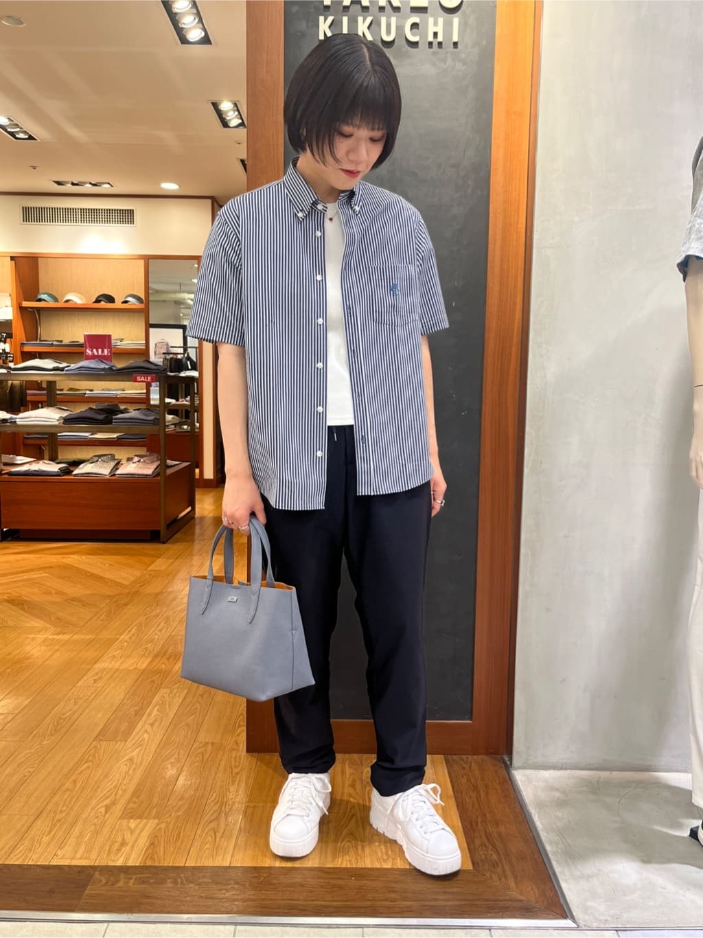 TAKEO KIKUCHIの【COOL CITY WEAR】ストライプジャージ ボタンダウンシャツ /接触冷感を使ったコーディネートを紹介します。｜Rakuten Fashion(楽天ファッション／旧楽天ブランドアベニュー)6062869