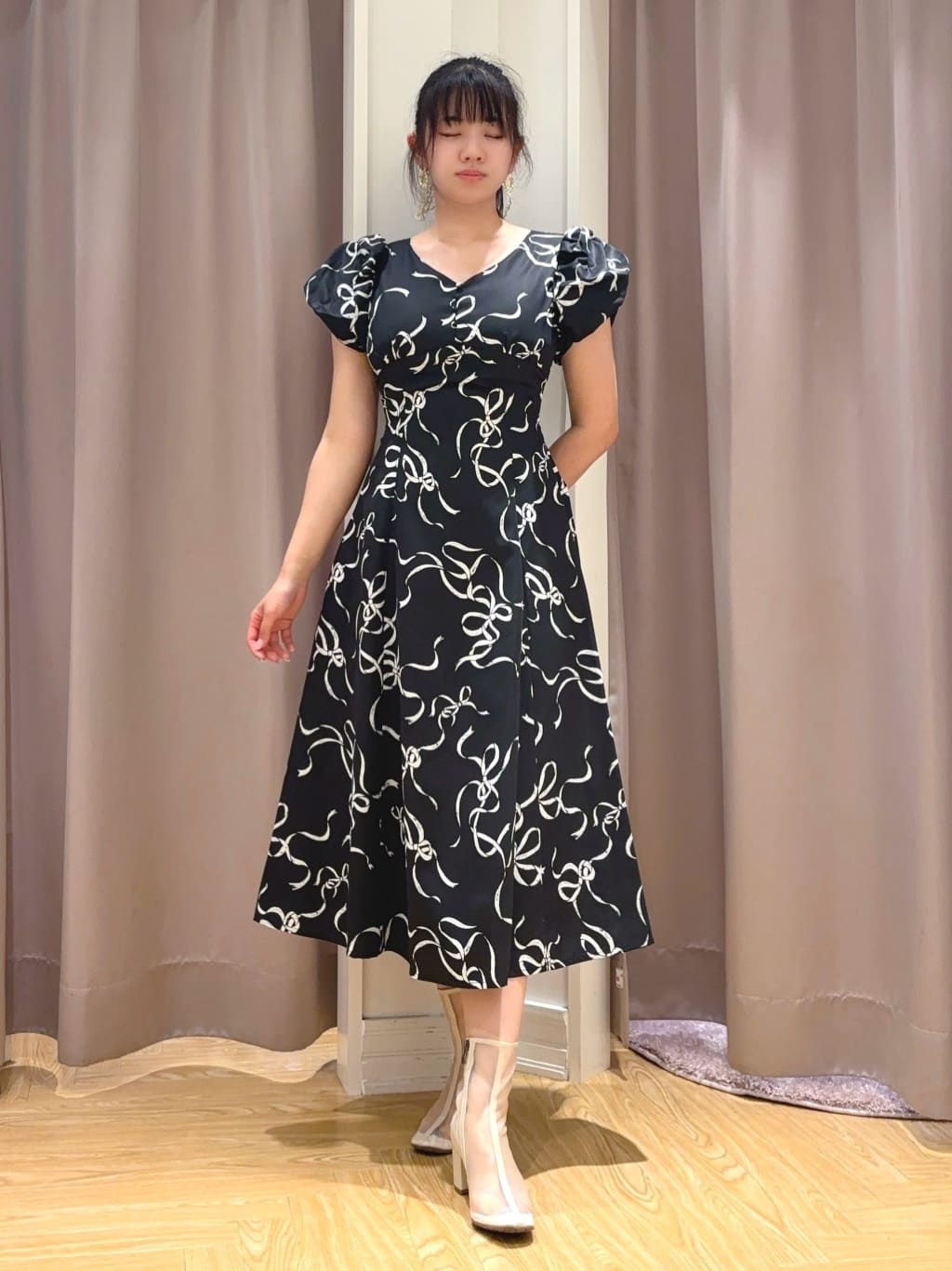 WILLSELECTION | リボンプリントバブルスリーブフレアワンピース