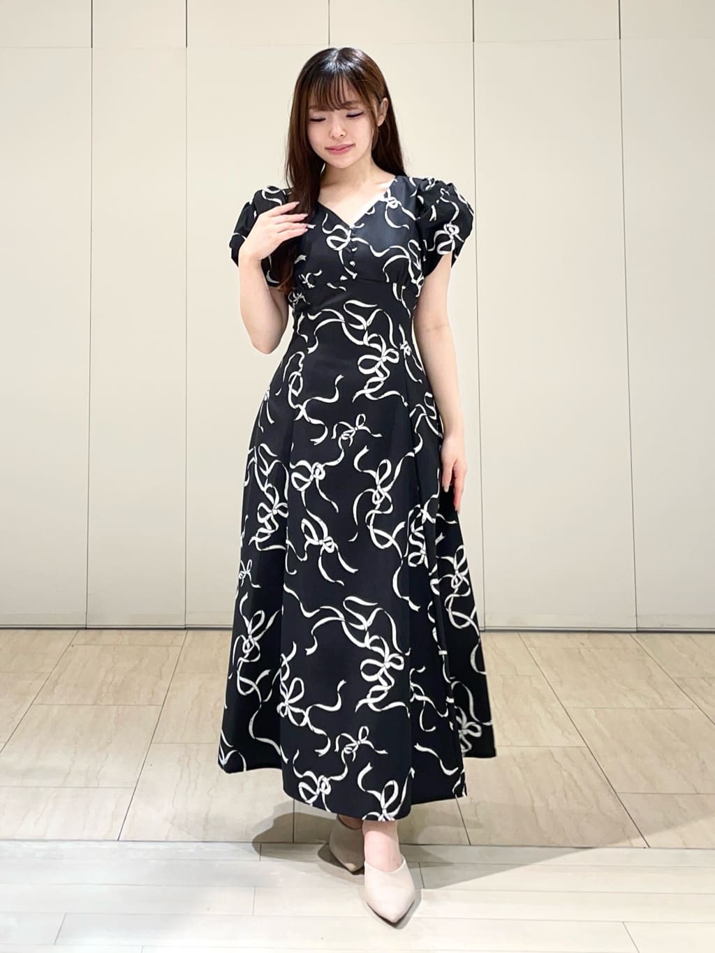 リボンプリントバブルスリーブフレアワンピース リボンプリントバブルスリーブフレアワンピース | ウィルセレクション