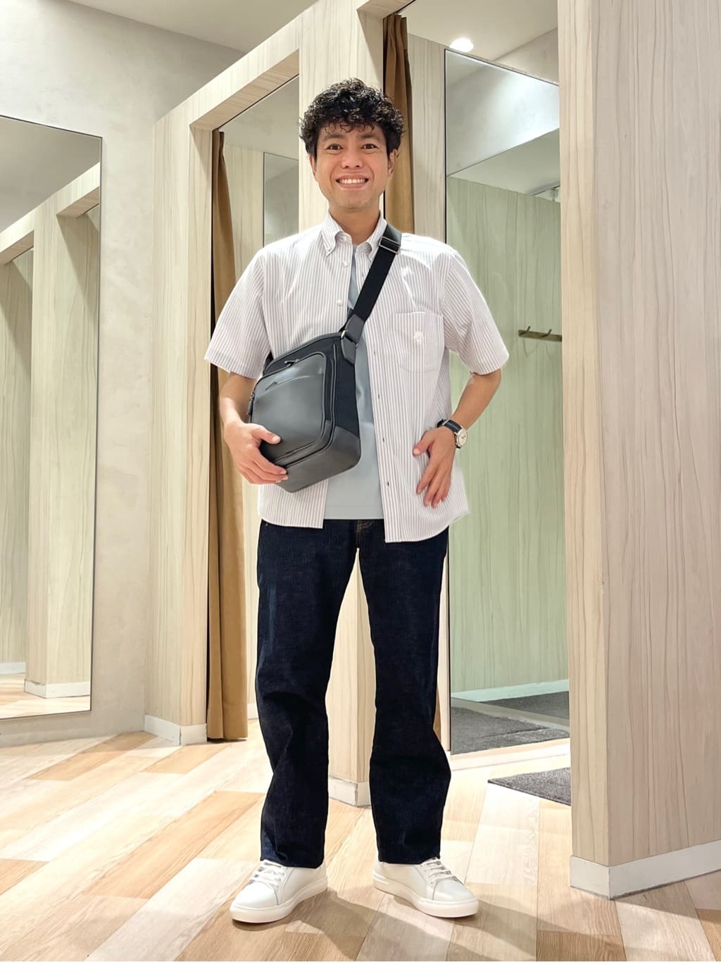 TAKEO KIKUCHIの【COOL CITY WEAR】ストライプジャージ ボタンダウンシャツ /接触冷感を使ったコーディネートを紹介します。｜Rakuten Fashion(楽天ファッション／旧楽天ブランドアベニュー)6152621