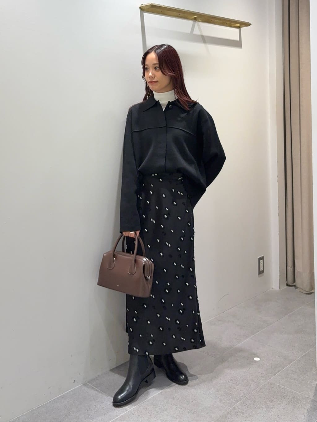 UNITED ARROWS | サテン フラワー ジャガード ロングスカート ブラック