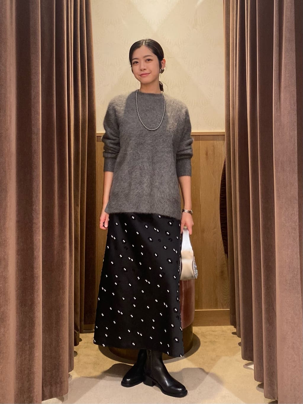 UNITED ARROWS | サテン フラワー ジャガード ロングスカート ブラック