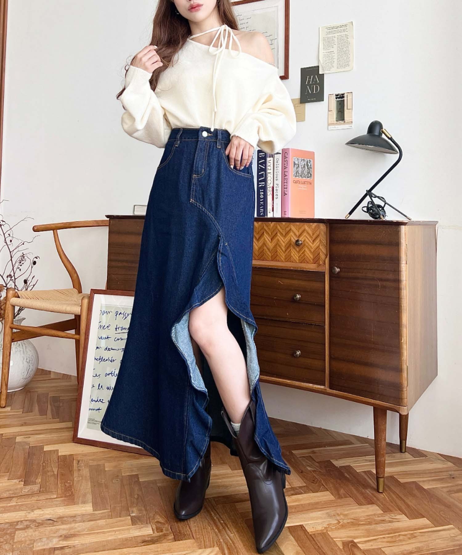 moment+ | アシメフリルロングデニムスカート | Rakuten Fashion(楽天