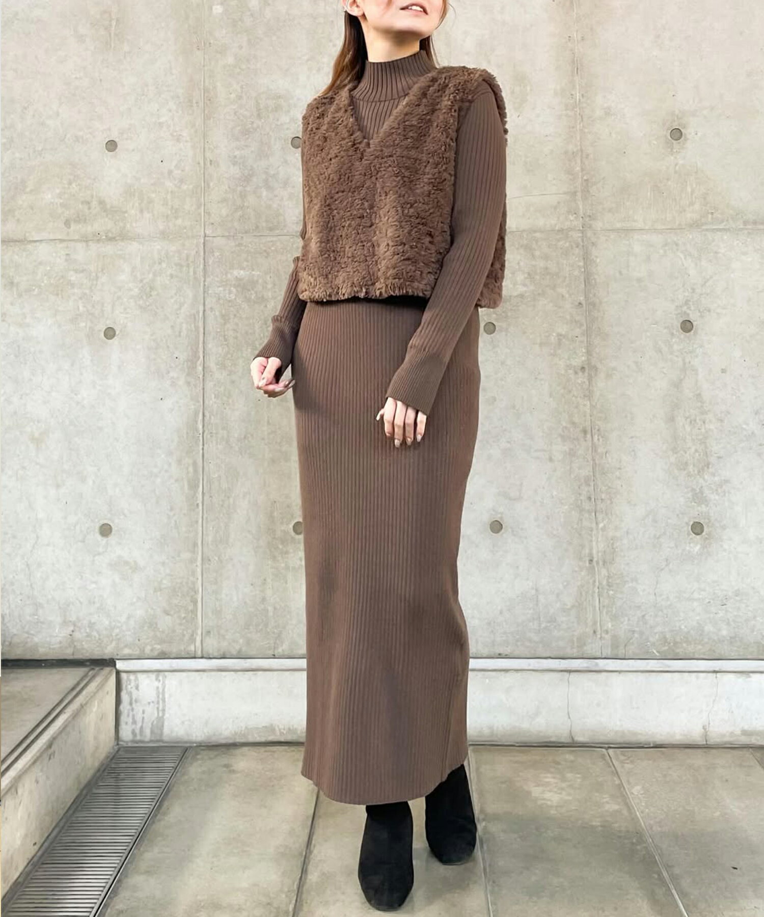 STRAWBERRY-FIELDSのフェイクファージレ*リブニットワンピース