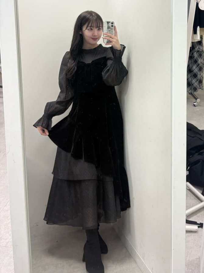 one after another NICE CLAUPのベロアリボン異素材ロングワンピースを