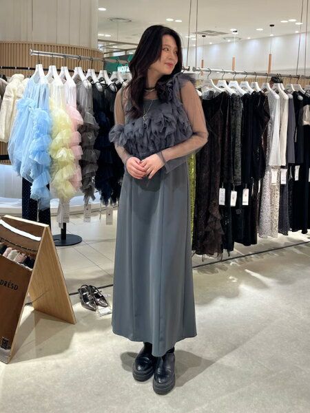 寝*！様 ANDRESD ベージュ チュール フリル ドレス　結婚式 ANDRESD | 【3点セット】結婚式・お呼ばれ対応 チュールフリルドレス