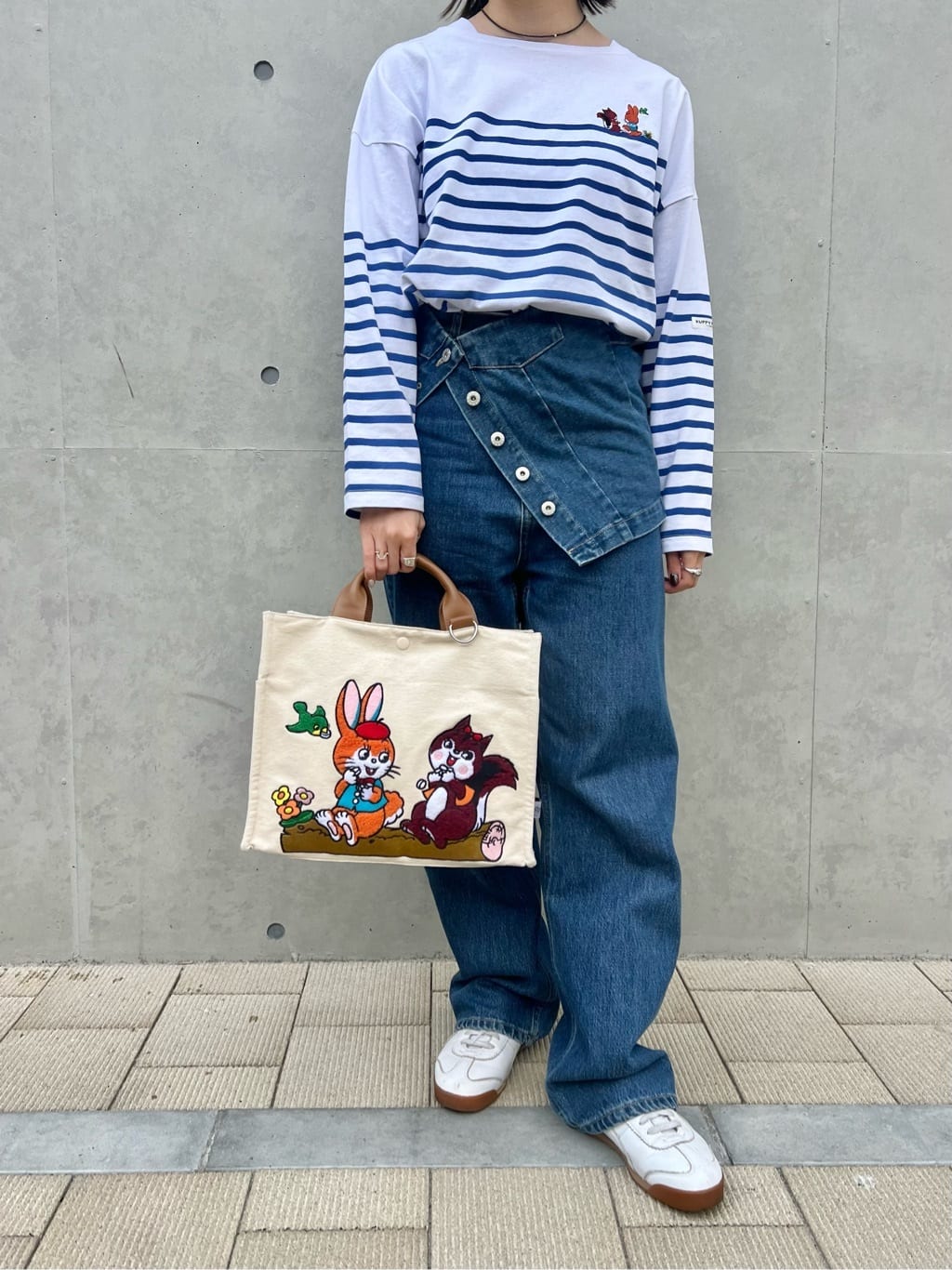 ear PAPILLONNERの【クッピーラムネ×ear】綿100%/コラボボーダーロングTシャツを使ったコーディネートを紹介します。｜Rakuten Fashion(楽天ファッション／旧楽天ブランドアベニュー)6891146