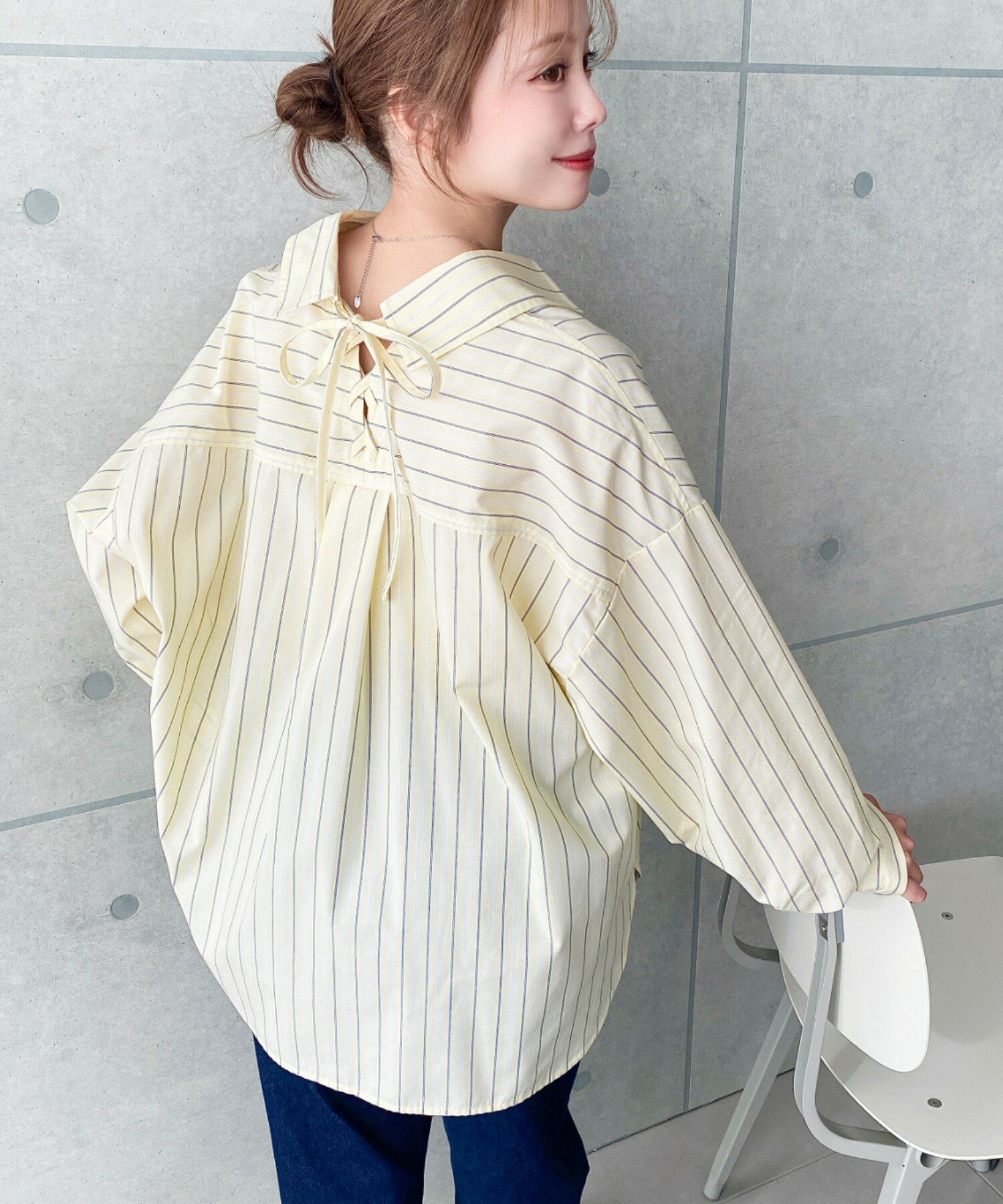 moment+ | マルチストライプ後ろ編み上げ長袖シャツ | Rakuten Fashion