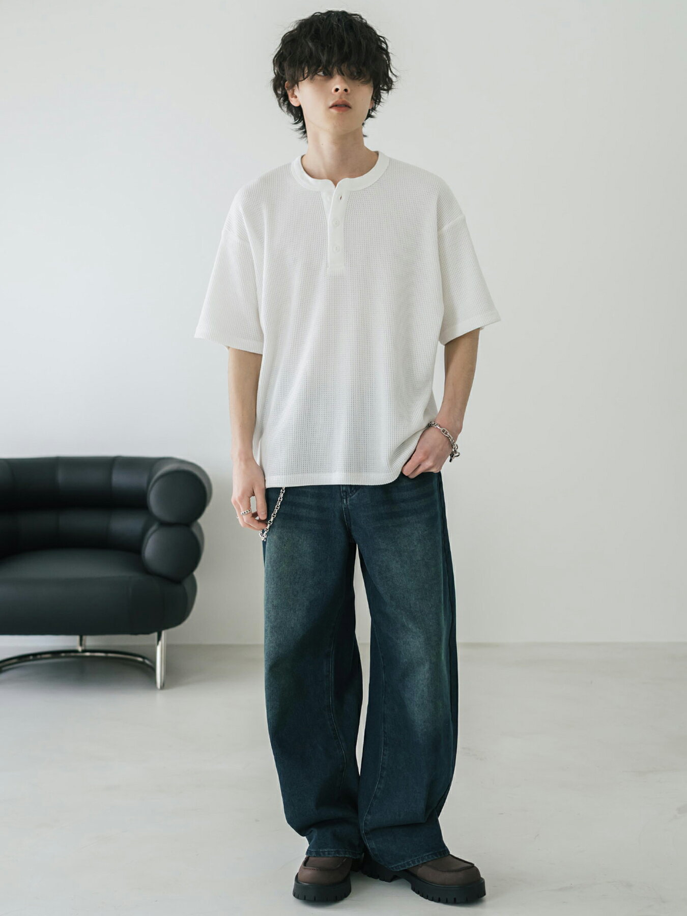Rocky Monroe | オーバーサイズ T/Cワッフルヘンリーネック半袖Tシャツ