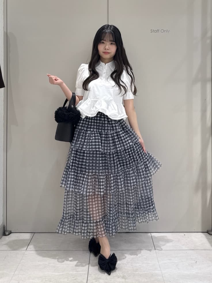rienda ボリュームフリルヘムブラウス S ギンガムチェック riendaのボリュームフリルヘムブラウスを使ったコーディネート