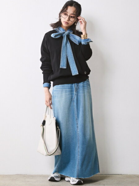 CHIC STYLE | 綿100%ライトオンスデニムリボンタイ付シャツ<大きい