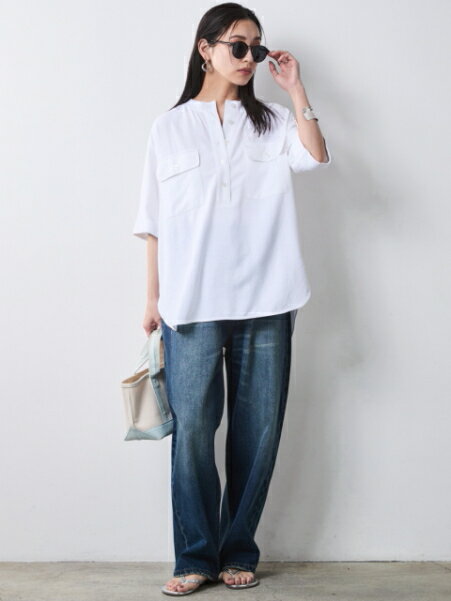 CHIC STYLEのレーヨン麻衿リブハーフスリーブブラウス<大きいサイズ有>シックスタイルを使ったコーディネートを紹介します。｜Rakuten Fashion(楽天ファッション／旧楽天ブランドアベニュー)7056103