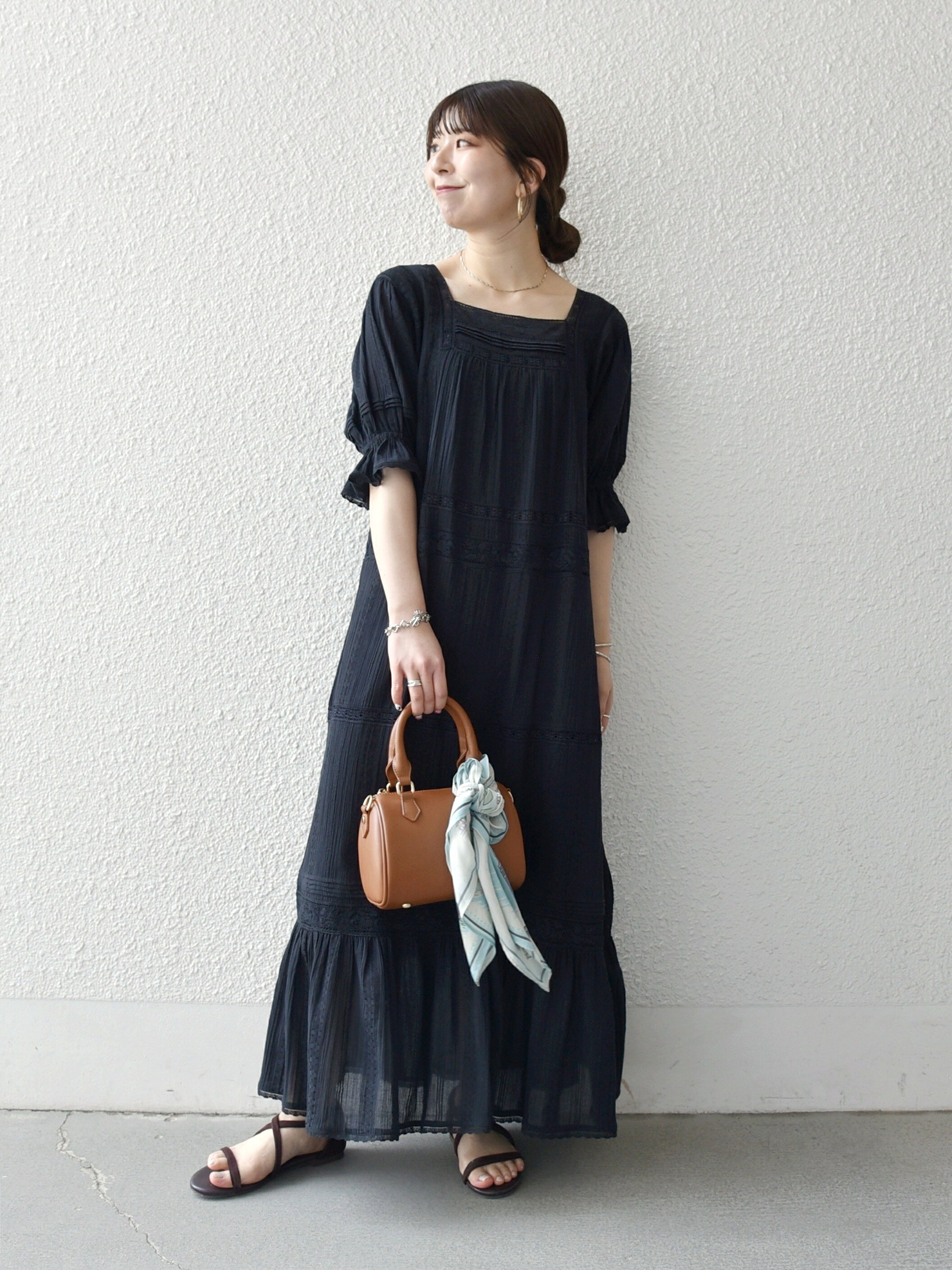 SHARE SPIRIT　ブラックレース切替 ノースリーブワンピース SET]レース切替アシンメトリーワンピース+ノースリーブプチネック