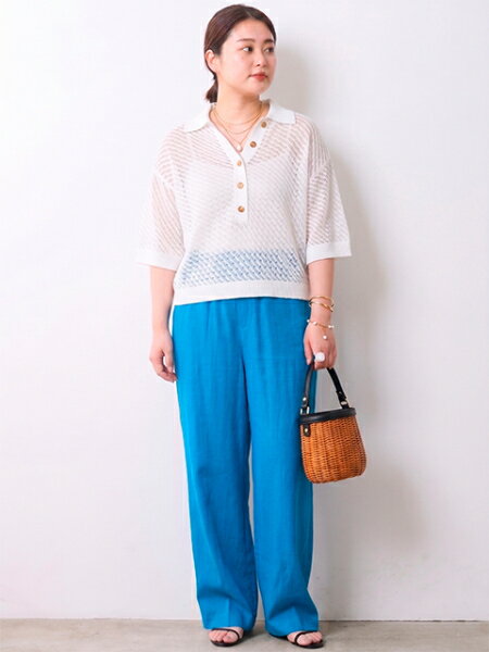 CHIC STYLEの綿麻透かし編ポロニット<大きいサイズ有>シックスタイルを使ったコーディネートを紹介します。｜Rakuten Fashion(楽天ファッション／旧楽天ブランドアベニュー)7170386
