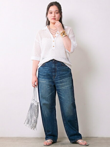 CHIC STYLEの綿麻透かし編ポロニット<大きいサイズ有>シックスタイルを使ったコーディネートを紹介します。｜Rakuten Fashion(楽天ファッション／旧楽天ブランドアベニュー)7170422