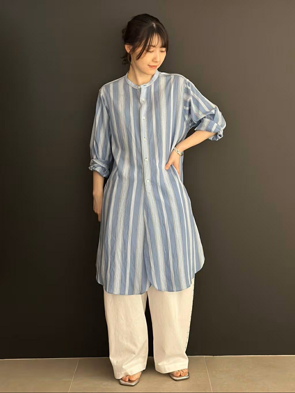 Curensology | ストライプバンドカラーロングシャツ | Rakuten Fashion