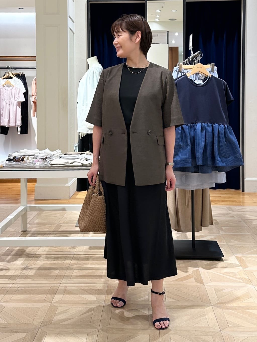 NOLLEY'S | ウォッシャブルトリアセ混ノーカラー半袖ジャケット