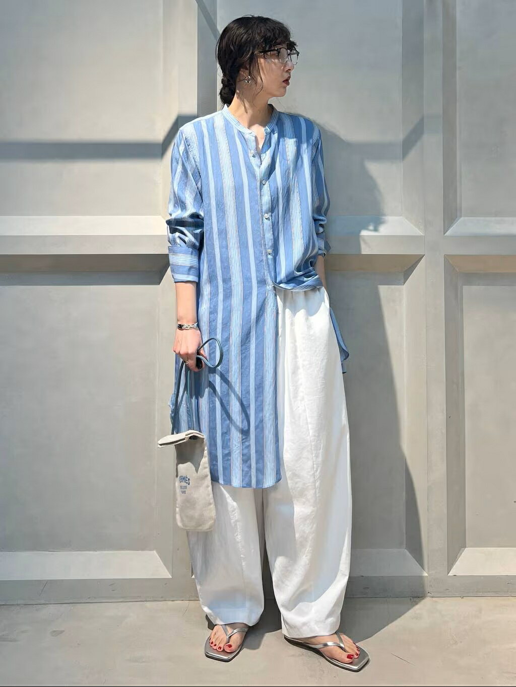 Curensology | ストライプバンドカラーロングシャツ | Rakuten Fashion