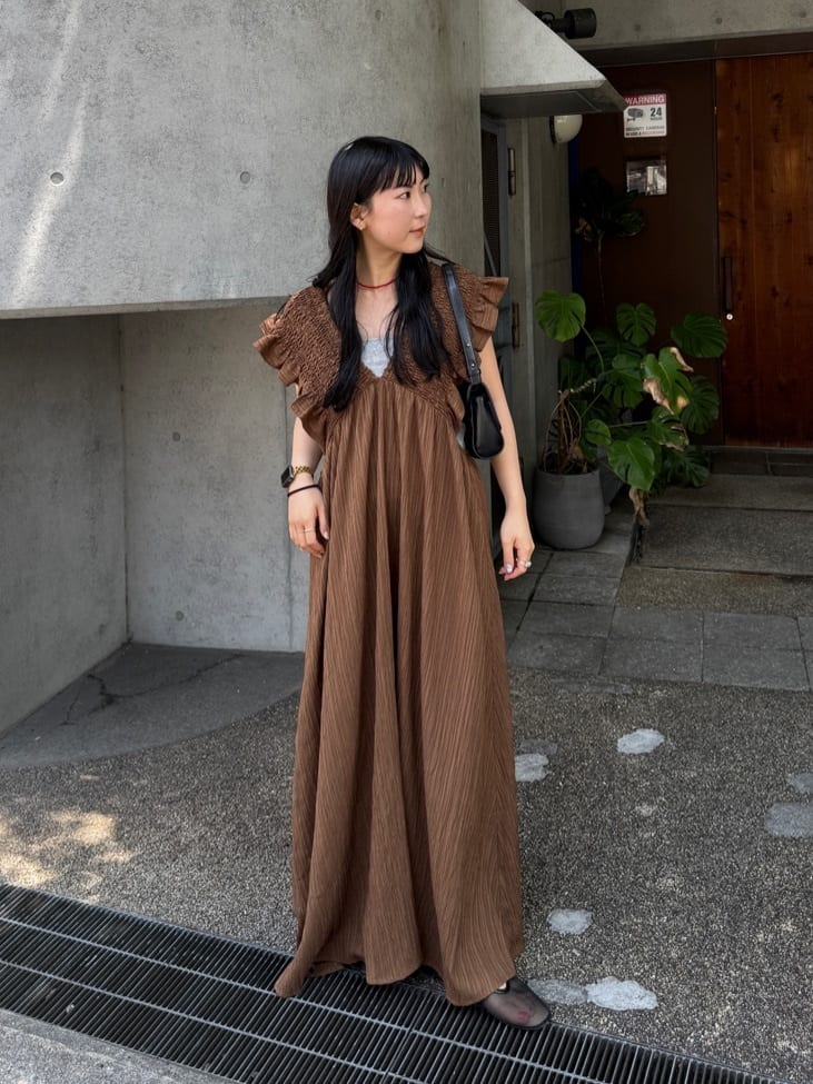 titivate | シャーリング フリル ワンピース ロング丈 フレア リボン V