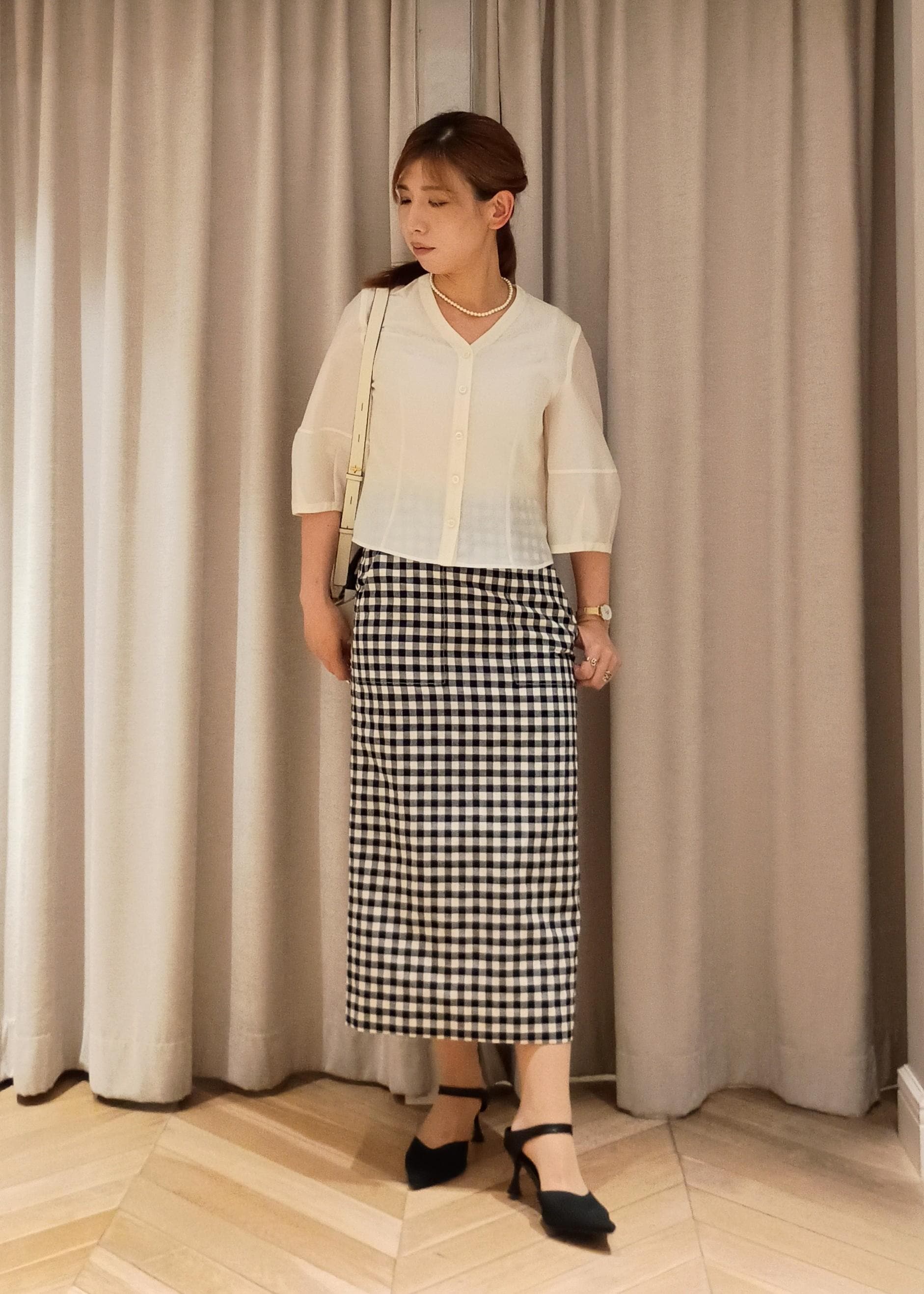 ROPE' | [美人スカート]別注リネン混ギンガムチェックポケット付き