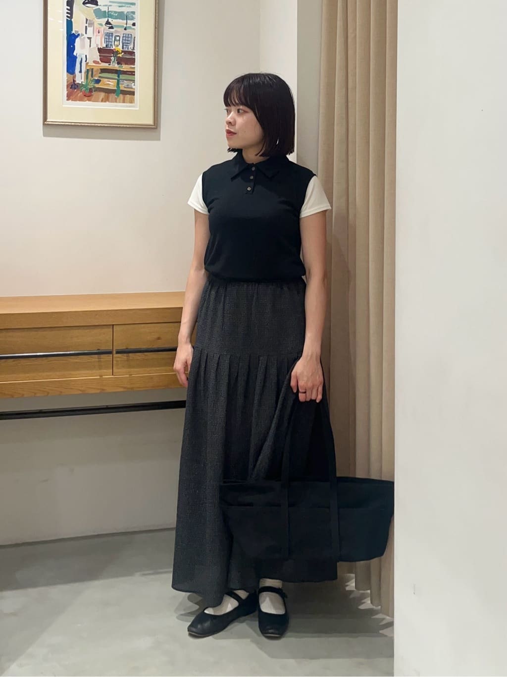 ＜Steven Alan＞コットン サッカー タック ロング スカート 黒 Steven Alan＞コットン サッカー タック ロング スカート