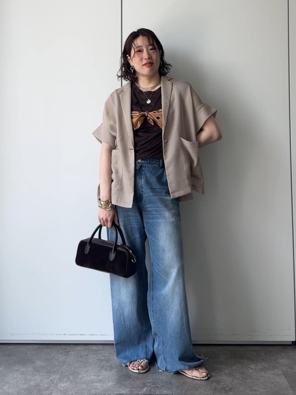 新品 DouDou ゴールドボタン付きメッシュ半袖ジャケット ベージュ 