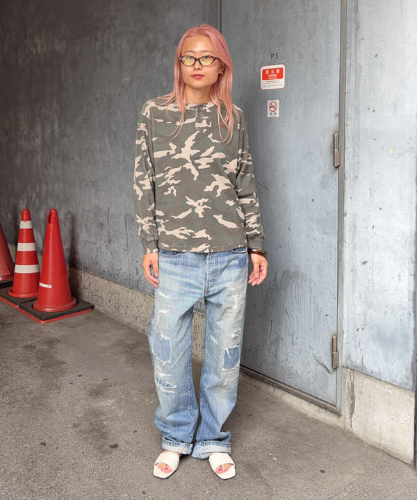 BEAMS T | Camo Waffle Henley Neck Long Sleeve T-shirt | Rakuten