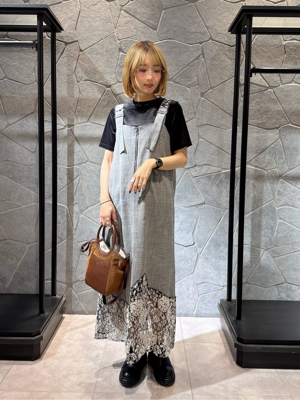 LASUD | レース切替チェックジャンパースカート | Rakuten Fashion